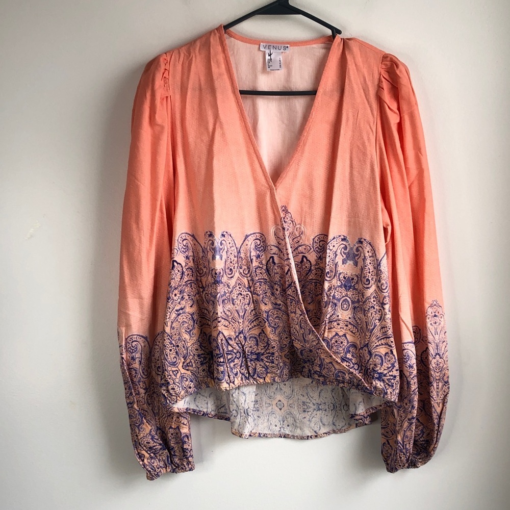 VENUS Coral Wrap Blouse with Purple Paisley Trim